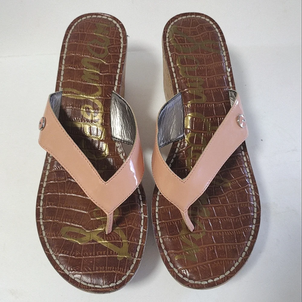 Sam Edelman Women's Romy Patent Wedge Thong Cork Platform Sandals Size 9